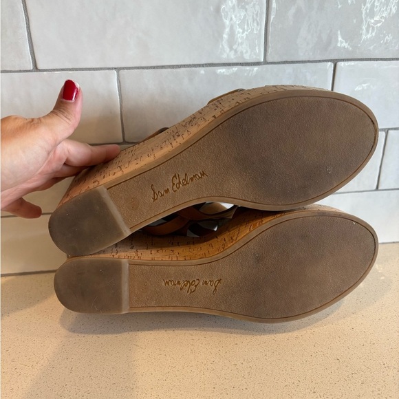 Sam Edelman Size 9.5 Destiny Brown Leather Platform Cork Wedge Sandals Tan - Picture 6 of 6